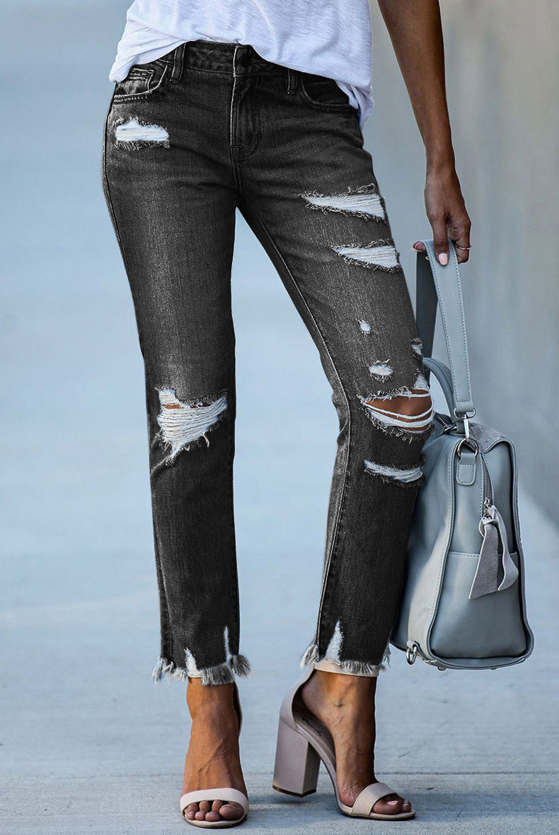 flowersverse Spring/Summer Washed Old Tassel Jeans Women's Mid-waist Solid Color Slim Fit Slim High Elastic Pencil Pants Women  Jeans