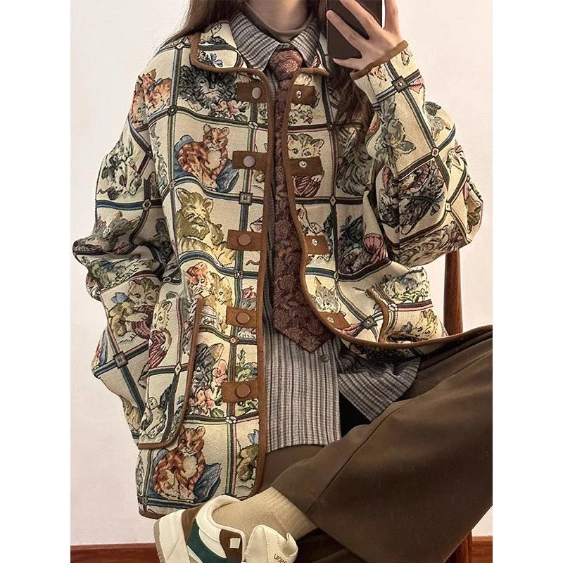 flowersverse Fashion Vintage Jackets Cartoon Print Single Breasted Turn Down Collar Design Coats Y2k Preppy Style All Match Women's Clothing