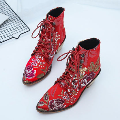 Christmas Gift  Women's Shoes Fashion Boots Women Ankle Boots  Chinese Style Embroidered Flowers  Boots Fortune Flower Women Boots