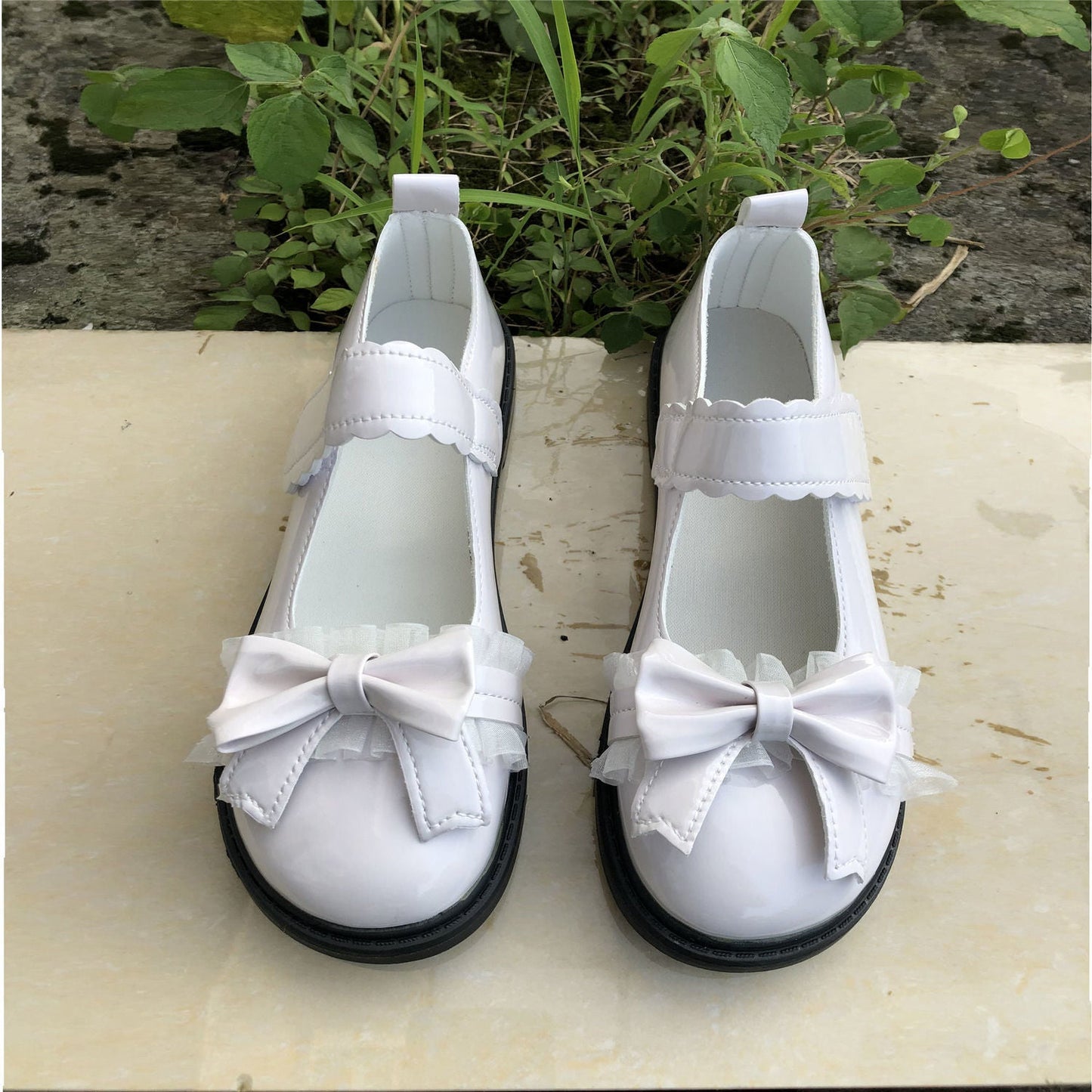 flowersverse - Spring Women Lolita Shoes Kawaii Cheap Japanese Style Lace Patchwork Bow Hook Loop Mary Janes Girls Students Solid Footwear