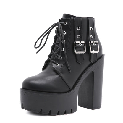 Amozae  Winter Short Boots Women's Fashion Side Belt Buckle Front Lace-Up Platform High Heel Biker Boots Botki Damskie Jesienne