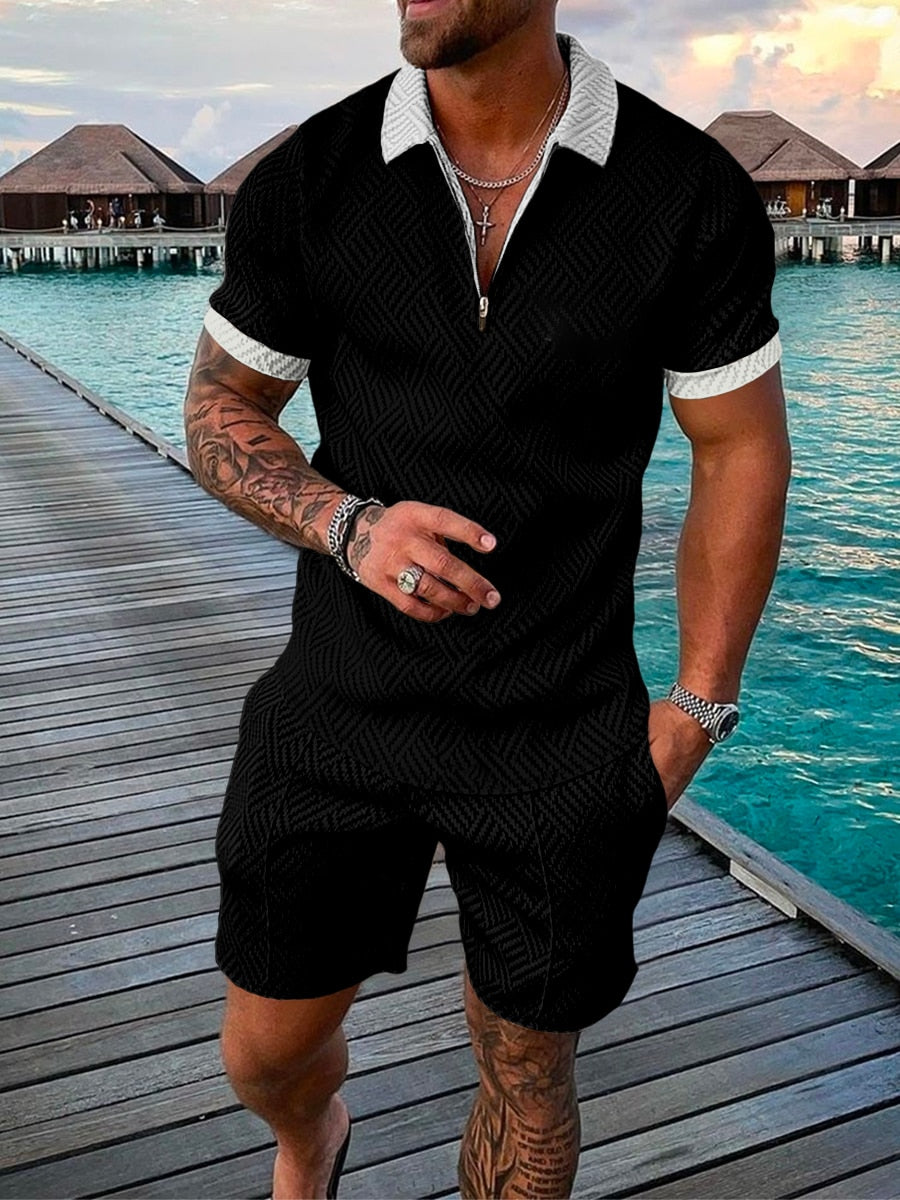 flowersverse Men's Polo Suit Fashion Men Sets Mens Solid Color Summer V-neck Zipper Short Sleeve POLO Shirt+Shorts Two Pieces Men Casual Suit