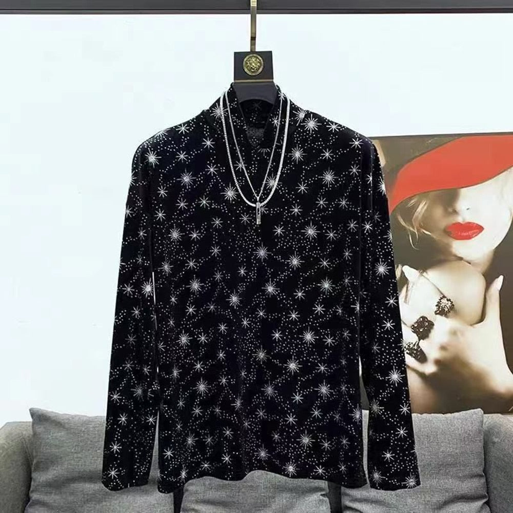 flowersverse Men Casual T Shirt Printed Velour Turtleneck Streetwear Long Sleeve Undershirts Cozy Leisure Men Clothing EU XS-XL