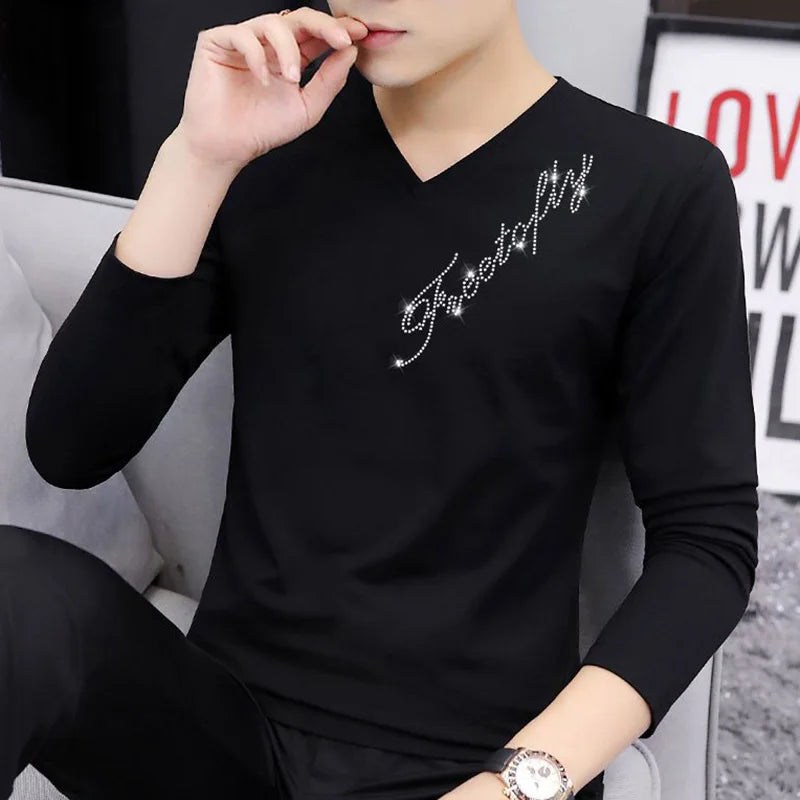 flowersverse  -  Fashion V-Neck All-match Diamonds T-Shirt Men's Clothing Autumn New Oversized Casual Pullovers Tops Loose Korean Tee Shirt