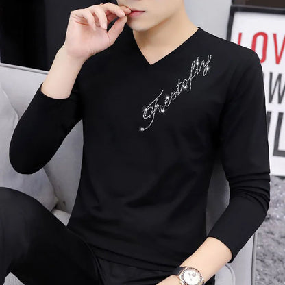 flowersverse  -  Fashion V-Neck All-match Diamonds T-Shirt Men's Clothing Autumn New Oversized Casual Pullovers Tops Loose Korean Tee Shirt