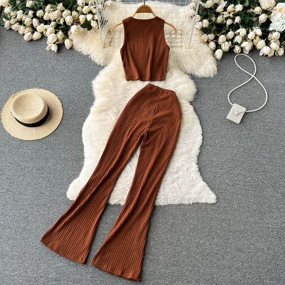 Women Casual Pants Set Fashion Bodycon Slim Short Tank Top +Striped Wide Legs Long Pants Solid Summer Two Piece Suit