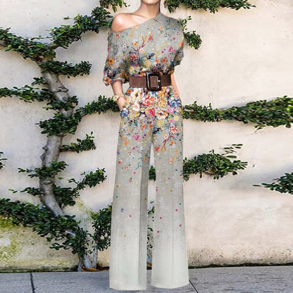 flowersverse Women Commute Fashion Jumpsuits Summer Printed Casual One Shoulder Short Sleeve Wide-leg Pants Playsuits Elegant Holiday Rompers