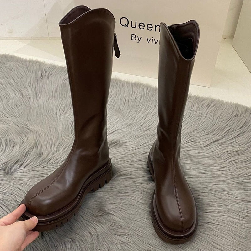 flowersverse Women Boots Fashion Casual Non Slip Zipper Knee Boots Woman Comfortable Round Boots Ladies Platform PU Winter Boot Female