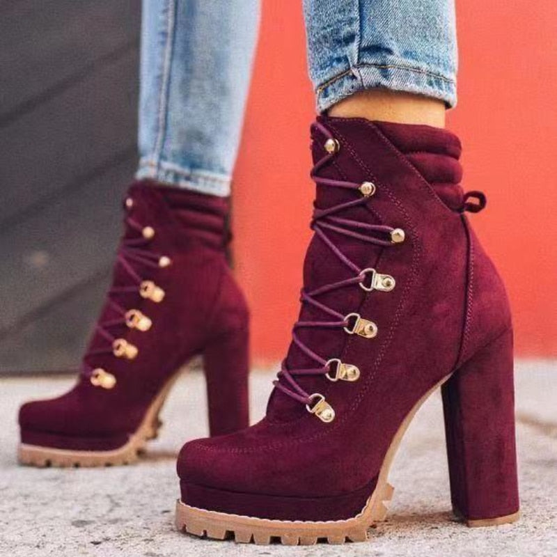 Thanksgiving  flowersverse  New Women's  Boots Fashion Lace-Up Rivets Chunky High Heels Solid Casual Platform Comfort Ankle Boots Bota De Inverno