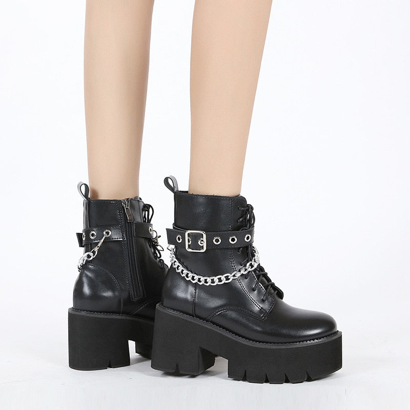 Amozae  Single Boots Thick-Soled High-Heeled Ankle Boots Women's Trendy Round Toe Women's Patent Leather Motorcycle Boots Kobiet Buty