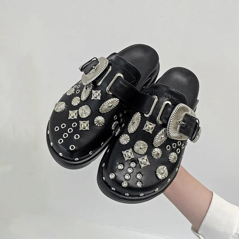 flowersverse Summer Women Slippers Platform Rivets Punk Rock Leather Mules Creative Metal Fittings Casual Party Shoes Female Outdoor