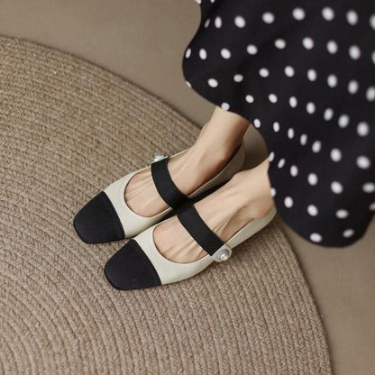 flowersverse Spring New Ladies Single Shoes Shallow Mouth Color Matching Women's Pumps Classic Pearl Fashionable One-line Belt Female Shoes