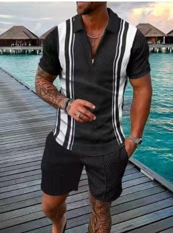 flowersverse Men's Polo Suit Fashion Men Sets Mens Solid Color Summer V-neck Zipper Short Sleeve POLO Shirt+Shorts Two Pieces Men Casual Suit