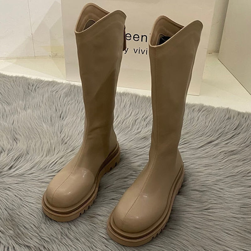 flowersverse Women Boots Fashion Casual Non Slip Zipper Knee Boots Woman Comfortable Round Boots Ladies Platform PU Winter Boot Female