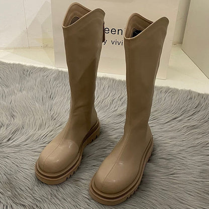 flowersverse Women Boots Fashion Casual Non Slip Zipper Knee Boots Woman Comfortable Round Boots Ladies Platform PU Winter Boot Female