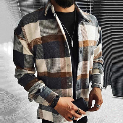 flowersverse Business Casual Plaid Print Wool Shirt Jacket Men  Spring Single Breasted Lapel Top Autumn Pocket Patchwork T-shirt Cardigan