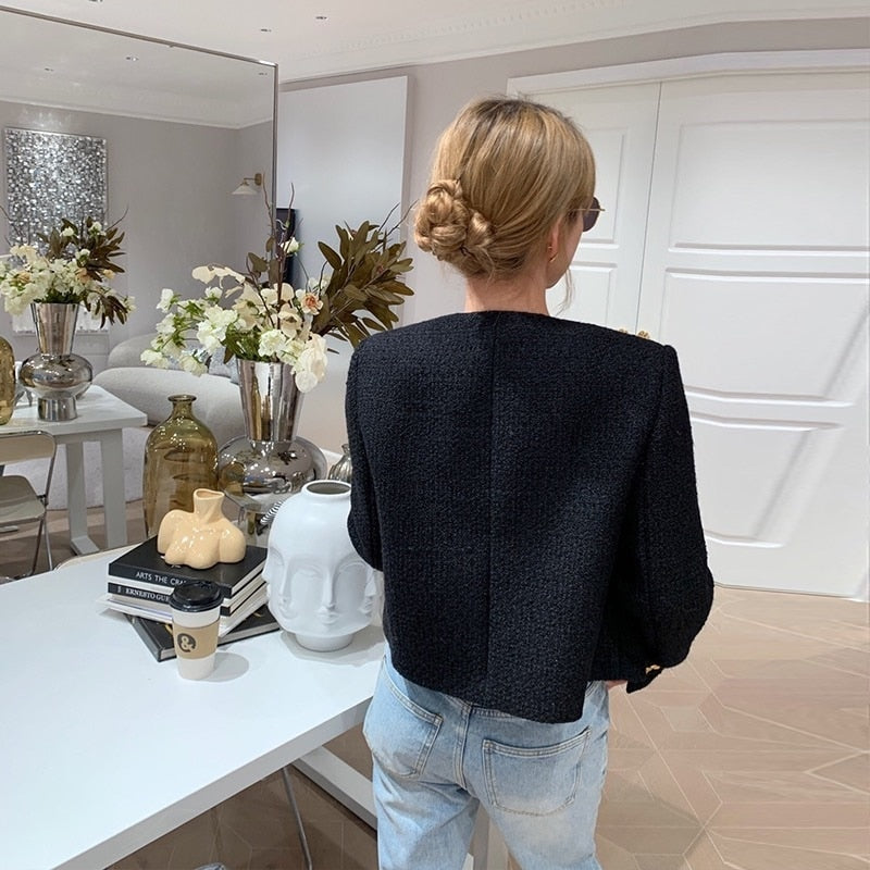 flowersverse Autumn Winter Small Fragrant Tweed Jacket Coat Women Vintage Woolen Short Coats Streetwear Elegant Casual Slim Outwear Crop Top
