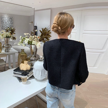 flowersverse Autumn Winter Small Fragrant Tweed Jacket Coat Women Vintage Woolen Short Coats Streetwear Elegant Casual Slim Outwear Crop Top