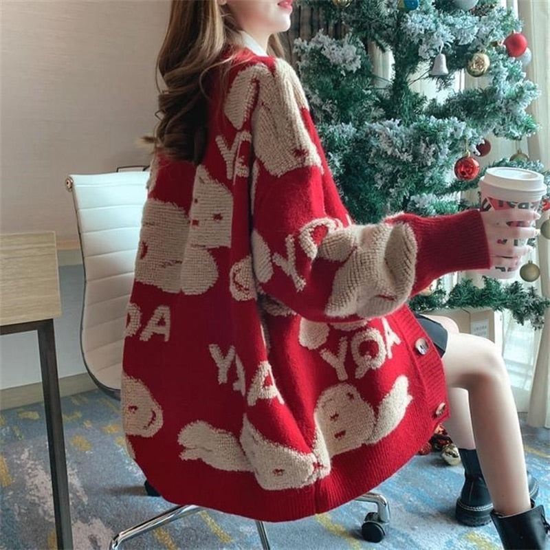 flowersverse Loose Sweater Oversize Woman Christmas Sweater Coat Korean Fashion Sweet Cardigans For Women  Thick Winter Clothes Knitted
