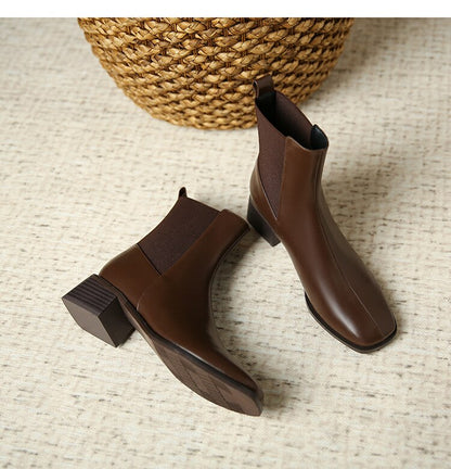 flowersverse Winter Women's Short Boots Straight Square Toe Thick Med Heel Office Lady Boot Fashion Solid Slip-On Females Barrel Shoes