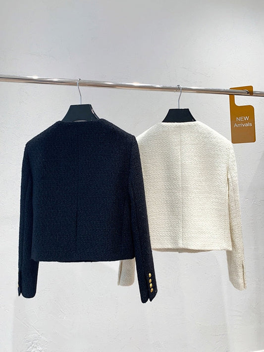 flowersverse Autumn Winter Small Fragrant Tweed Jacket Coat Women Vintage Woolen Short Coats Streetwear Elegant Casual Slim Outwear Crop Top