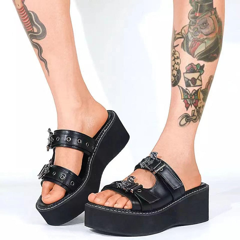 Amozae  Woman Summer Slippers Shoes Women Gothic Punk Round Toe Platform Sandals Slide Lady High Heels Wedges Female Sandals Black Shoe