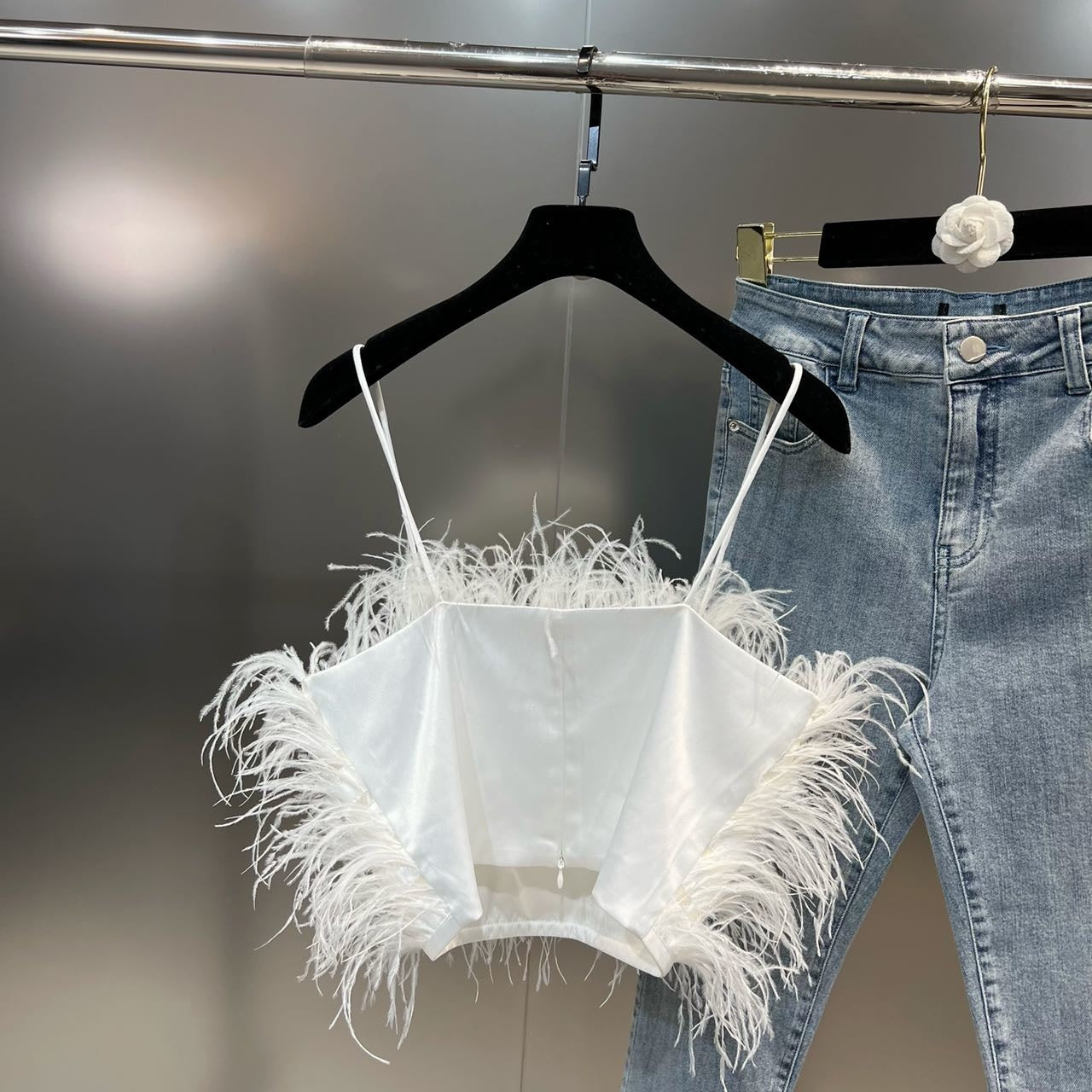 Autumn Sleeveless Feathers Camisole Crop Top Blue Denim Pants Long Jeans Two Piece Set Women GF920