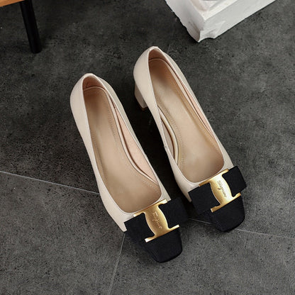 Amozae Stitching Female Shoes Classic Thick Heel Bow Metal Decoration Lady Pumps Simple Square Head Leather Women's Single Shoes