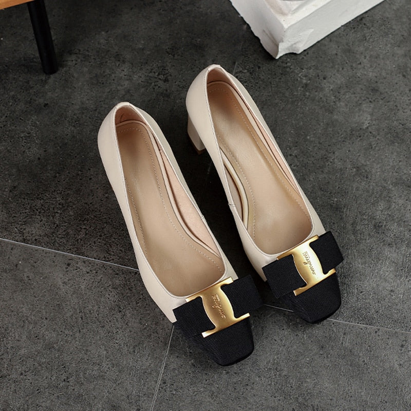 flowersverse Stitching Female Shoes Classic Thick Heel Bow Metal Decoration Lady Pumps Simple Square Head Leather Women's Single Shoes