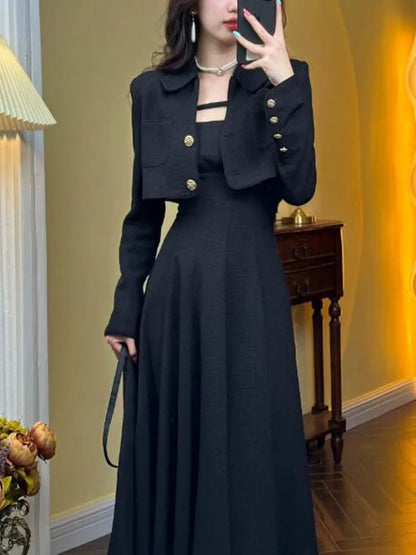 flowersverse Vintage College Style Cropped Blazer Two Piece Dress Sets Women's Short Jacket Coat +Strapless Sling Slim Mid Dress Suits Female