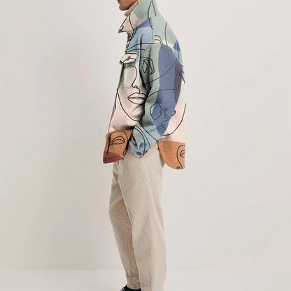 flowersverse Eyes Print Hipster Men Jackets Turn-down Collar Shirts Spring Autumn Fashion Cardigan Tops Casual Streetwear England Style