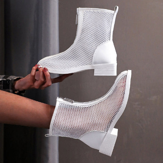 Amozae  Women 2022 Summer Thin Section Breathable Thick Heel Boot Mesh Hollow Chelsea Short Boot Female High Top Sandal Sandalias