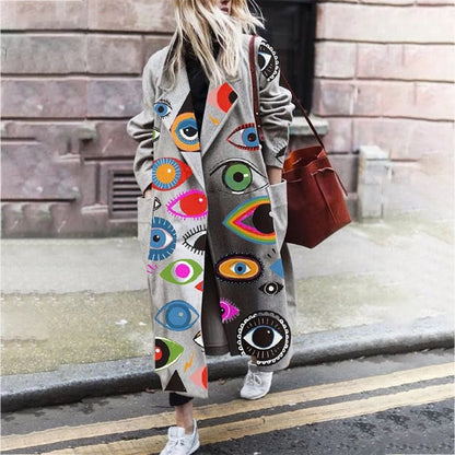 flowersverse Fall Winter Elegant Women Fashion Lapel Collar Button Long Tops Outwear Casual Pattern Colorful Print Patchwork Cardigan Coats