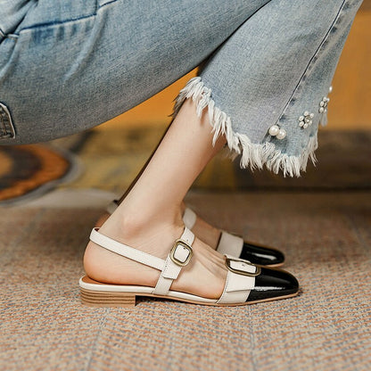 flowersverse Retro Ladies Flats Elegant Metal Buckle Fashionable Female Sandals Square Toe Office Color-stitching Women's Single Shoes