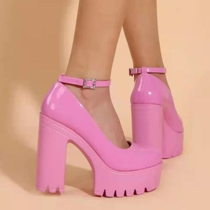 Christmas Gift Chunky Heeled Ankle Strap Pumps Sweet Platform Pink Square Heel Woman High Heels Pumps Platform Shoes  Spring Woman Shoes