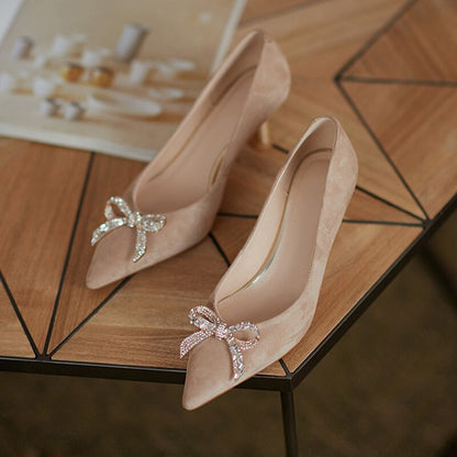 flowersverse New Simple Ladies Stiletto Pointed Toe Designer French Retro Women's Pumps Butterfly Knot Banquet Female Single Shoes