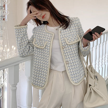 flowersverse High Quality French Vintage Small Fragrance Tweed Jacket Coat Women's Spring Autumn Casual Fried Street Short Coat Plaid Outwear