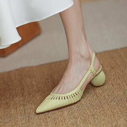 flowersverse Women Sandals Summer Solid Round Med Heel Pointed Toe Ankle Straps Hollow Lady Sandals Fashion Concise Gentle Female Shoes