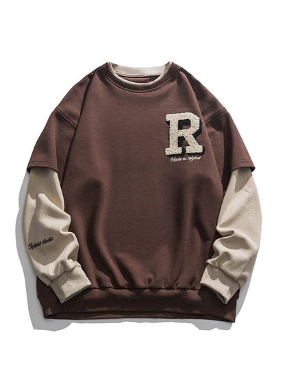 flowersverse Vintage Flocked Letter Fake Two Patchwork Hoodie Pullover Harajuku Sweatshirts Men Hip Hop Streetwear Loose Casual Tops