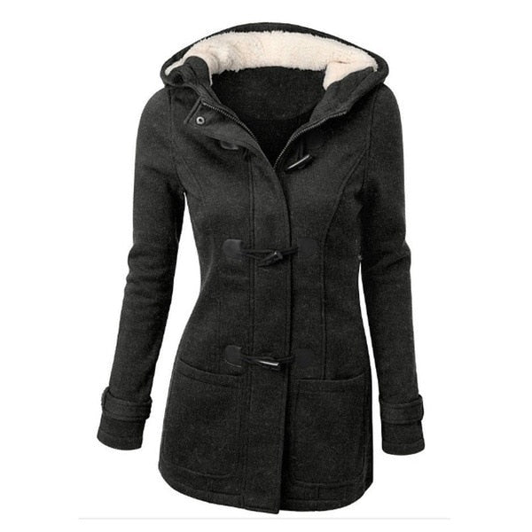 flowersverse Hooded Cotton Blend Classic Horn Leather Buckle Coat Jacket Cotton Coat Women