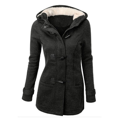 flowersverse Hooded Cotton Blend Classic Horn Leather Buckle Coat Jacket Cotton Coat Women