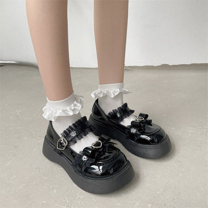 flowersverse - Lolita Shoes Latform Loafers Mary Jane Shoes Women Retro British Small Leather Shoes Bow Tie Lolita Small Leather Shoes