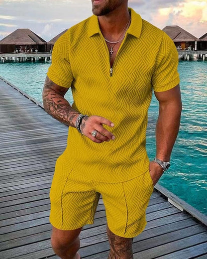 flowersverse Men's Polo Suit Fashion Men Sets Mens Solid Color Summer V-neck Zipper Short Sleeve POLO Shirt+Shorts Two Pieces Men Casual Suit