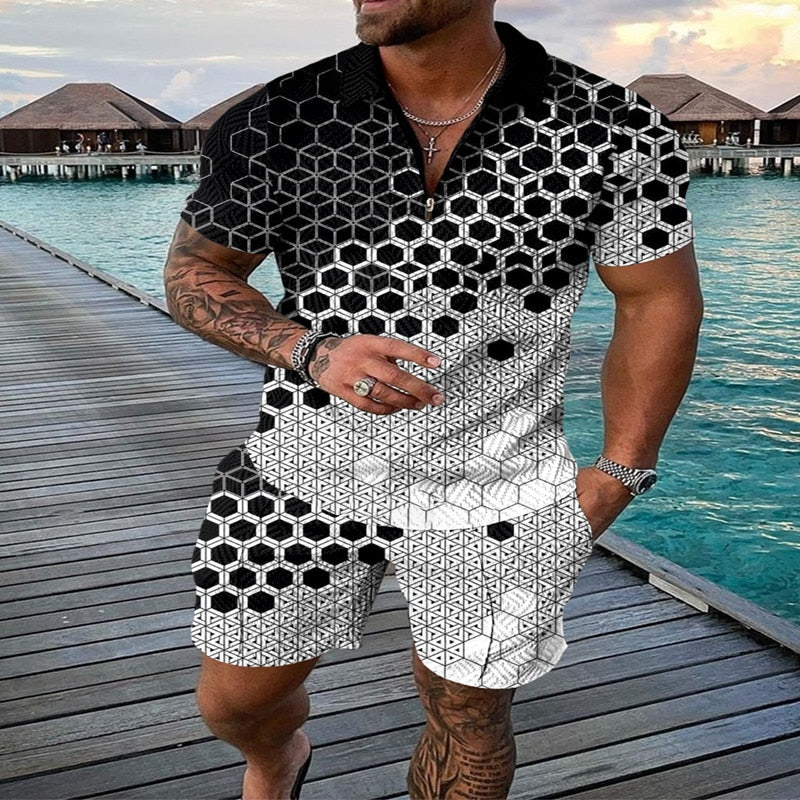 flowersverse Men's Polo Suit Fashion Men Sets Mens Solid Color Summer V-neck Zipper Short Sleeve POLO Shirt+Shorts Two Pieces Men Casual Suit