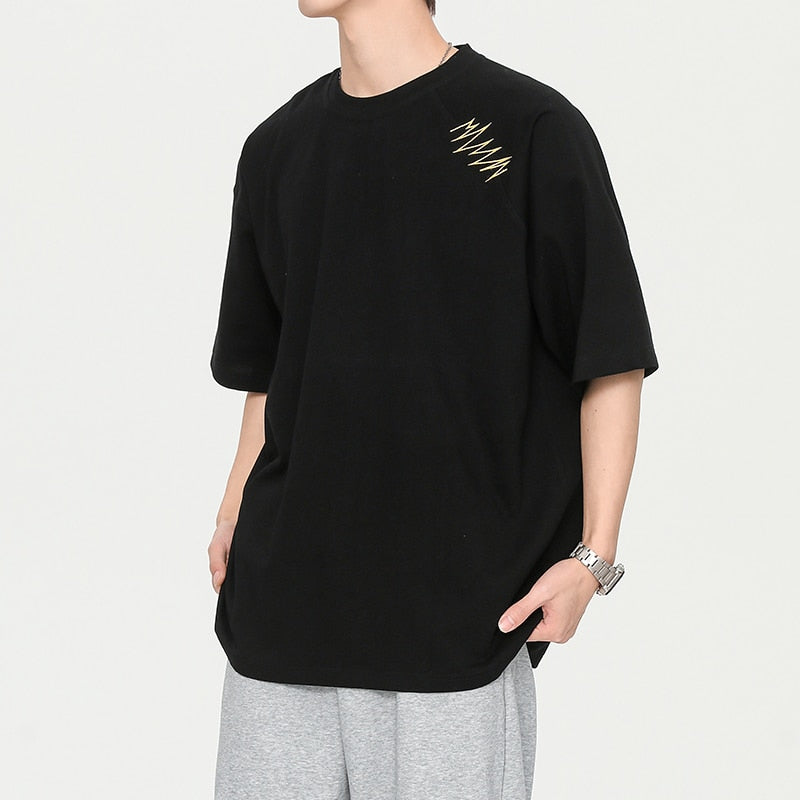 flowersverse Summer New Vintage Men's T-Shirt Casual American Irregular Personalized Embroidery T-shirts Cotton 200G Fashion Hip Hop Unisex