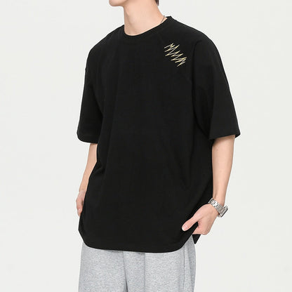 flowersverse Summer New Vintage Men's T-Shirt Casual American Irregular Personalized Embroidery T-shirts Cotton 200G Fashion Hip Hop Unisex