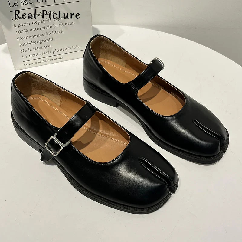 Flats Spilt Toe Shoes Black Leather Loafer Brown Size 40 Fashion Buckle Mary Janes Flat Ninja Shoe Women