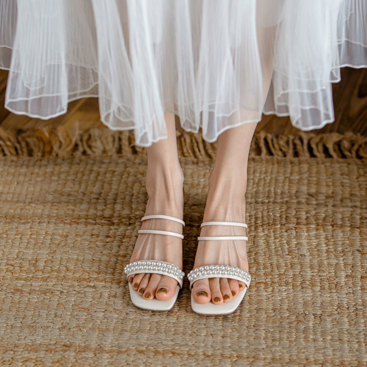 Amozae Summer Woman Sandal Pearl Decoration Round Head Low Transparent Heel Female Slipper Fashion High Quality Breathable Shoe