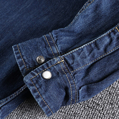 flowersverse Denim Shirt Men Cotton Jeans Shirt American Retro Washed Fashion Pocket Slim Long Sleeve Cowboy Shirt Stylish Slim Tops Shirts