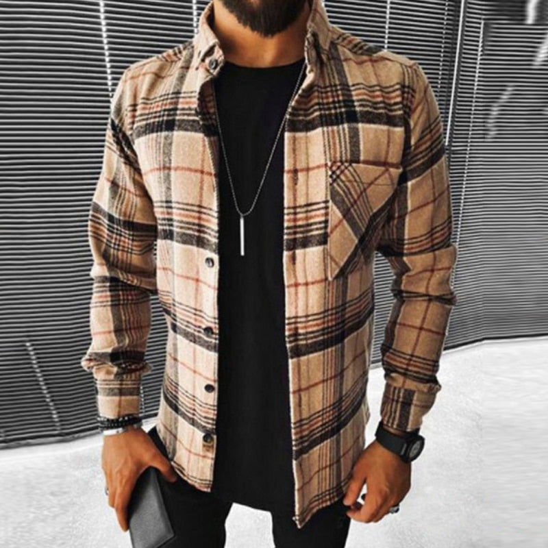 flowersverse Business Casual Plaid Print Wool Shirt Jacket Men  Spring Single Breasted Lapel Top Autumn Pocket Patchwork T-shirt Cardigan
